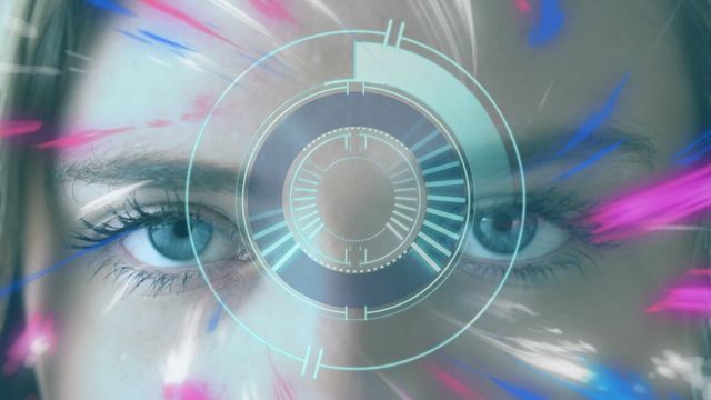 Futuristic depiction of augmented reality with a digital interface scanning over a woman's eyes. Use for themes on technology, innovation in security, biometric authentication, or augmented reality applications in media and presentations.