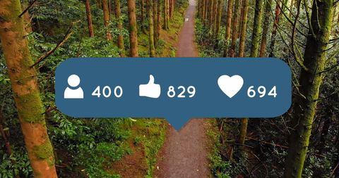 Forest Trail with Social Media Engagement Icons, Fitness Journey