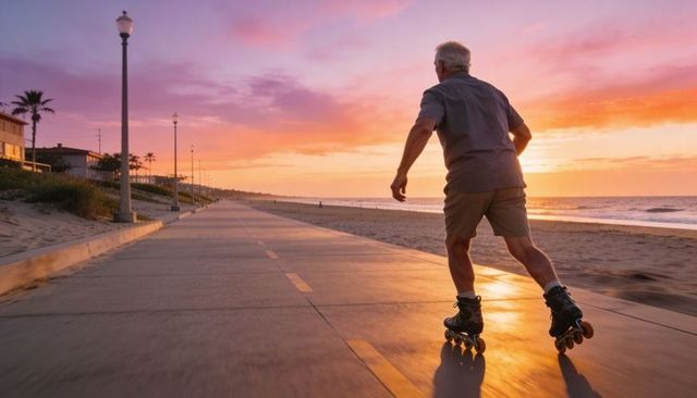 Active senior rollerblading along ocean promenade at golden sunset