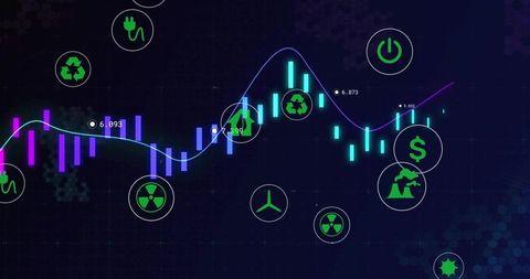 Neon Financial Energy Market Visualization with Candlestick Chart and Sustainability Icons