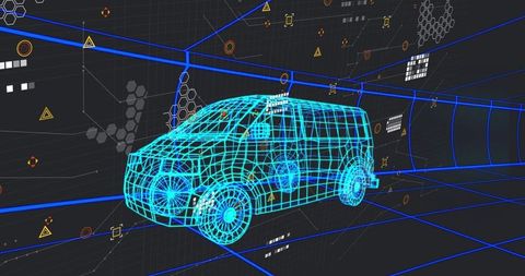 Futuristic Wireframe Van in Digital Data Tunnel