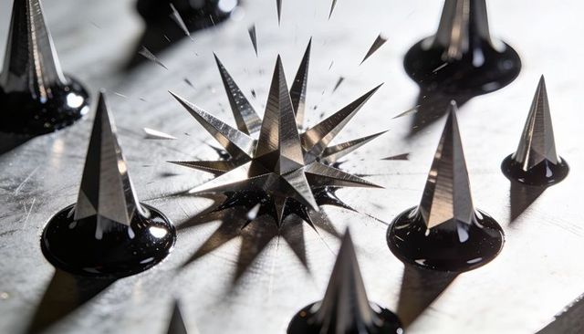 Faceted metal star reflecting on scratched metal surface with conical spikes surrounding