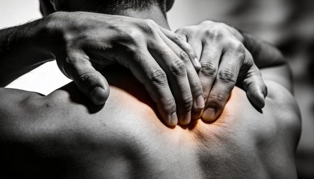 Man holding neck in pain showing sore trapezius and upper back tension with highlighted pain spot