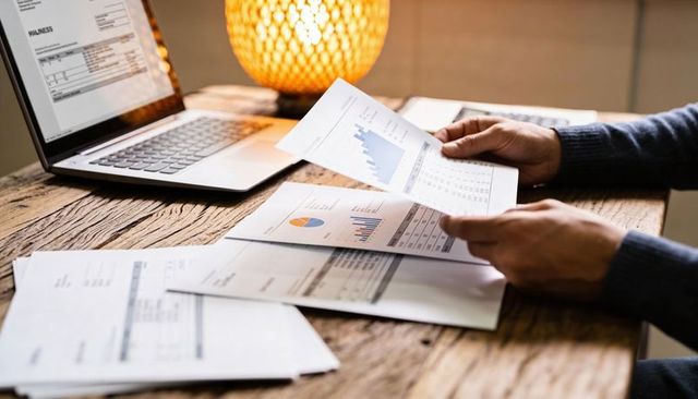 Hands reviewing bills and financial charts on rustic wooden desk with laptop and lamp