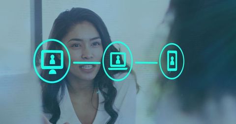 Businesswoman discussing virtual global communication interfaces