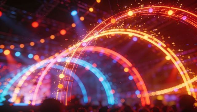 Vibrant led arch lighting at concert with neon bokeh and spark effects