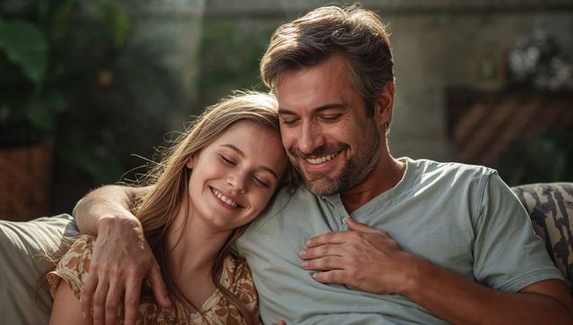 Smiling father and teenage daughter cuddling on sofa, warm family bonding moment