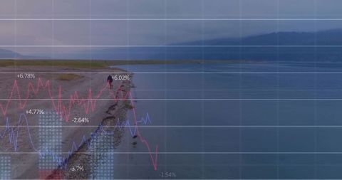 Walking man on misty lakeshore with overlaying financial charts and calm horizon
