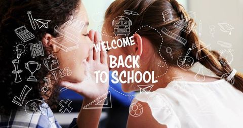 Two schoolgirls whispering in classroom welcoming back to school with hand-drawn doodles