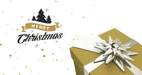 Festive christmas greeting with wrapped gift and stars