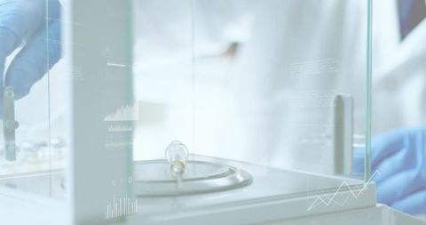 High-tech laboratory precision weighing with glass enclosure and data analytics overlays