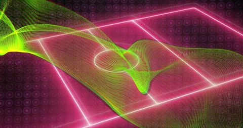 Vibrant Digital Art with Neon Lights and Green Wave Mesh