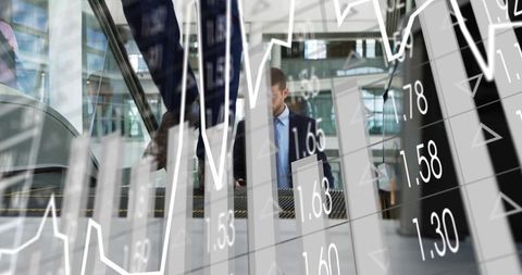 Businessman Using Smartphone on Escalator with Overlayed Financial Charts