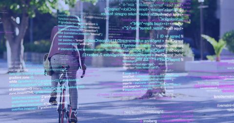 Overlapping digital code with cyclist on urban street