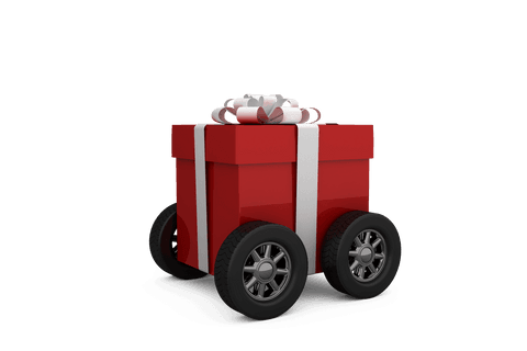 Transparent red gift box on wheels with decorative ribbon