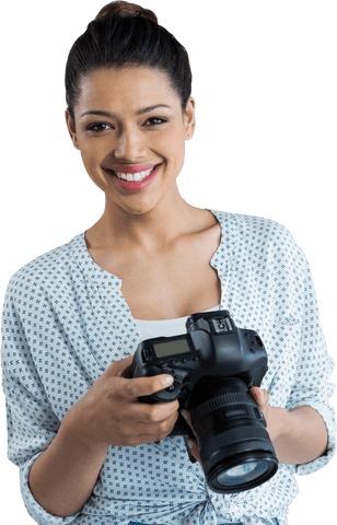 smiling woman photographer holding camera transparent background - Download Free Stock Videos Pikwizard.com