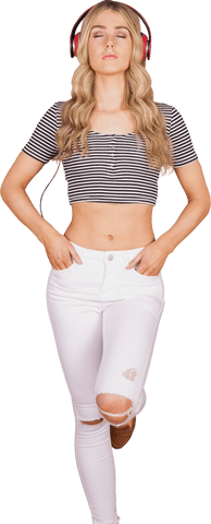 Relaxed young woman with headphones on transparent background