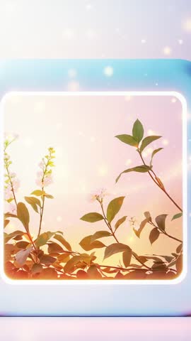 Pulsing glowing frame with swaying stems and drifting particles — Vertical pastel loop