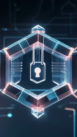 Vertical cybersecurity animation: neon hexagon network rotating with padlock encryption glow