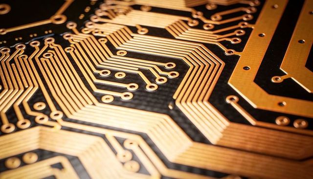 Macro Closeup of Copper Traces on Printed Circuit Board Highlighting Intricate Circuitry