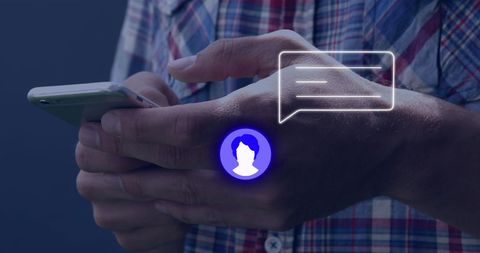 Hands using smartphone with futuristic communication interface