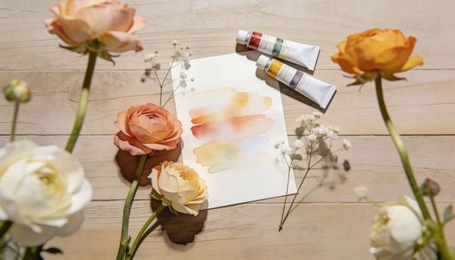 Soft watercolor swatches with ranunculus blossoms on light wood tabletop - calm floral flatlay