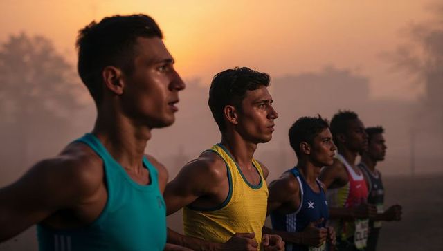 Dawn distance runners lined up for race start training together in misty sunrise