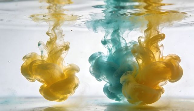 Billowing yellow and teal pigment plumes swirling and mixing in clear backlit water