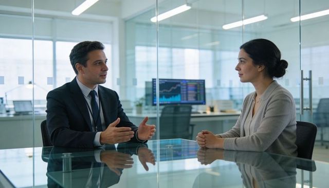 Executive presenting strategy to colleague in glass conference room, corporate meeting