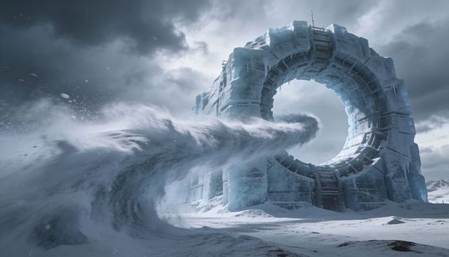Towering frozen ring releasing swirling snow vortex over polar tundra, icy monolith portal