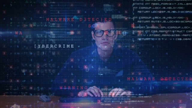 This visual showcases a hacker working on a computer with digital interface filled with cybersecurity warnings and code. Great for illustrating themes of cybercrime, digital threats, and information security in technology-related articles, blogs, or presentations.