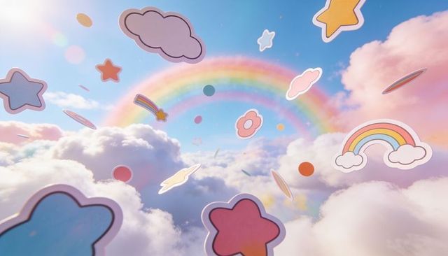 Pastel rainbow over cumulus cloudscape with floating sticker stars and dreamy elements