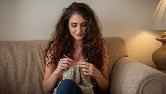 Young woman knitting chunky wool on sofa at home cozy handmade lifestyle portrait relaxed