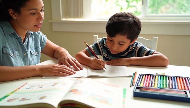 Parent helping child writing homework at home table with colored pencils and workbook