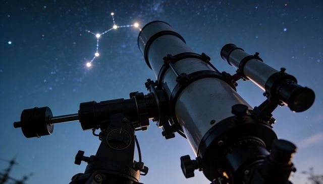 Refractor telescope pointing at starry night with constellation overlay on equatorial mount