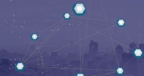 Cityscape with Futuristic Digital Network Icons