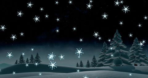 Snowflakes Falling on Winter Night Landscape Background