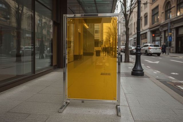 Yellow signboard on city street next to glass storefront