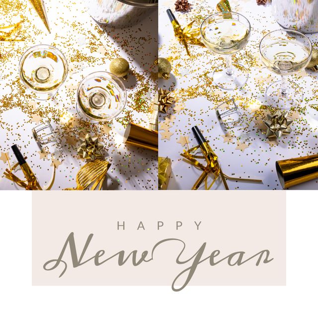 Square image of happy new year and table with champagne and decorations. New year, tradition, party and celebration concept.