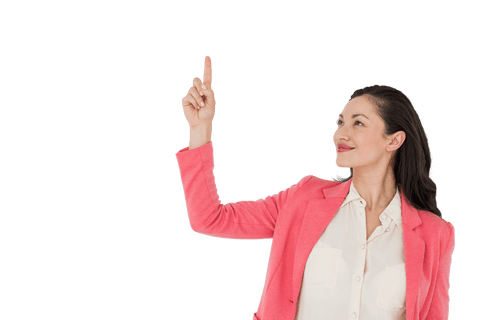 Smiling Businesswoman Pointing Finger Up on Transparent Background