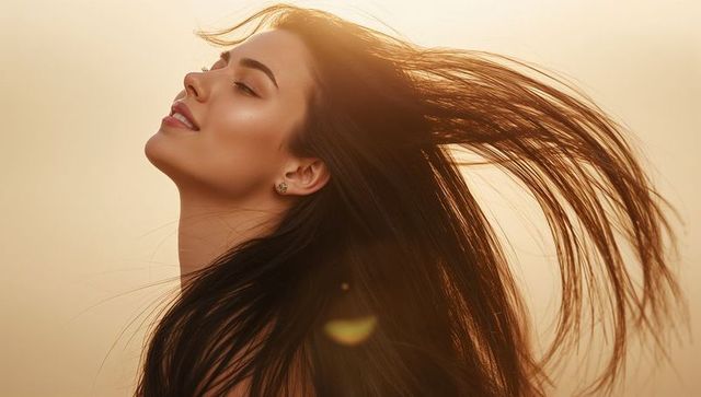 Sunlit profile woman basking at golden hour with windswept hair and serene smile