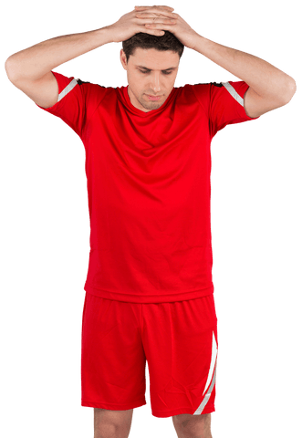 Disappointed football player wearing transparent red sports uniform
