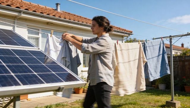 Hanging laundry beside solar panels in sunlit backyard, sustainable home lifestyle