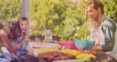 Joyful Family BBQ in Sunny Garden with Digital Effects