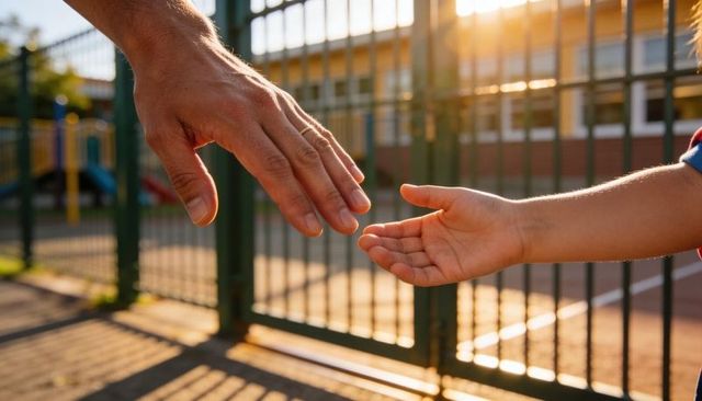 Caregiver reaching toward child hand on sunlit school playground fence at golden hour