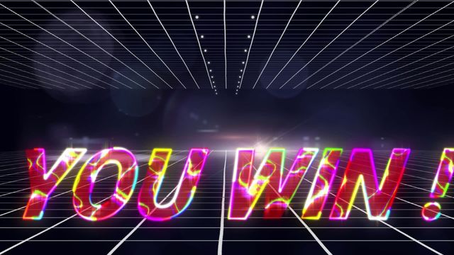 Colorful 'You Win' sign displayed with a neon retro-futuristic vibe against a grid-patterned digital background. Perfect for retro video games, arcade-inspired content, victory screens, and 80s-themed designs.