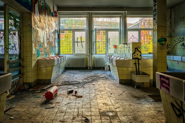 Room filled with colorful graffiti, broken furniture, and debris highlighting urban decay. Ideal for use in projects related to urban exploration, post-apocalyptic themes, or illustrating the impacts of neglect and vandalism on abandoned spaces.