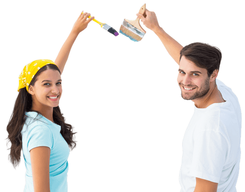 Smiling Couple Enjoying Home Renovation with Painting Tools on Transparent Background