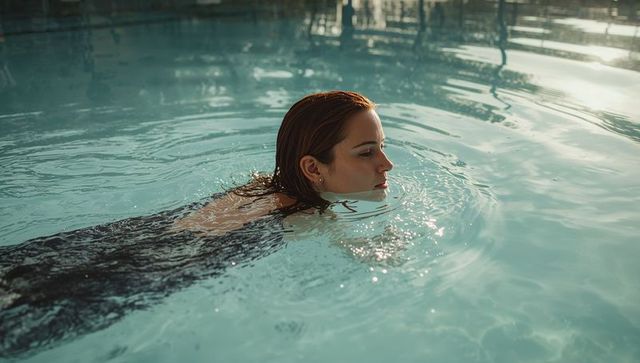 Tranquil woman swimming in turquoise pool during golden hour, sunlit reflections