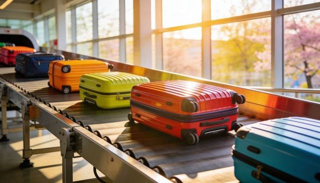 Colorful hard-shell luggage rolling on airport baggage conveyor with warm sunset glow